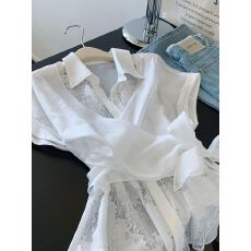 批发韩系假两件蕾丝拼接翻领短袖衬衫女上衣小个子2026夏超火减龄衬衣