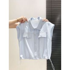 批发小众<b class='q'>设计</b>感无袖衬衫女夏季新款蓝色显白翻领抽绳收腰显瘦外搭上衣