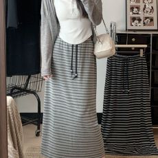 批发原版色织条面料条纹抽绳松紧腰半身裙女秋季新款叉包臀a字长裙潮