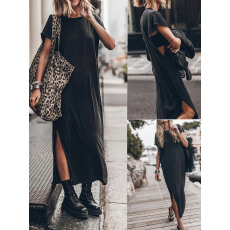 批发2026 欧美<b class='q'>外贸</b>跨境女装亚马逊爆款时尚休闲宽松下摆开叉短袖长T恤