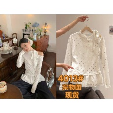 批发宋正恩白色波点绑带露肩打底衫女修身花边设计感内搭长袖T恤上衣