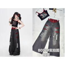 批发新款吊带上衣➕破洞重工设计高腰<b class='q'>牛仔裤</b>感宽松阔腿拖地裤两件套