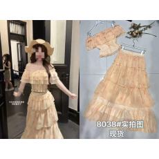 批发甜美度假风一字露肩短款碎花抹胸上衣女夏绝美大摆半身长裙子套装