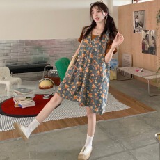 批发小个子减龄两件套女夏季2025新款复古<b class='q'>碎花</b>牛仔背带<b class='q'>连体裤</b>咖色T恤