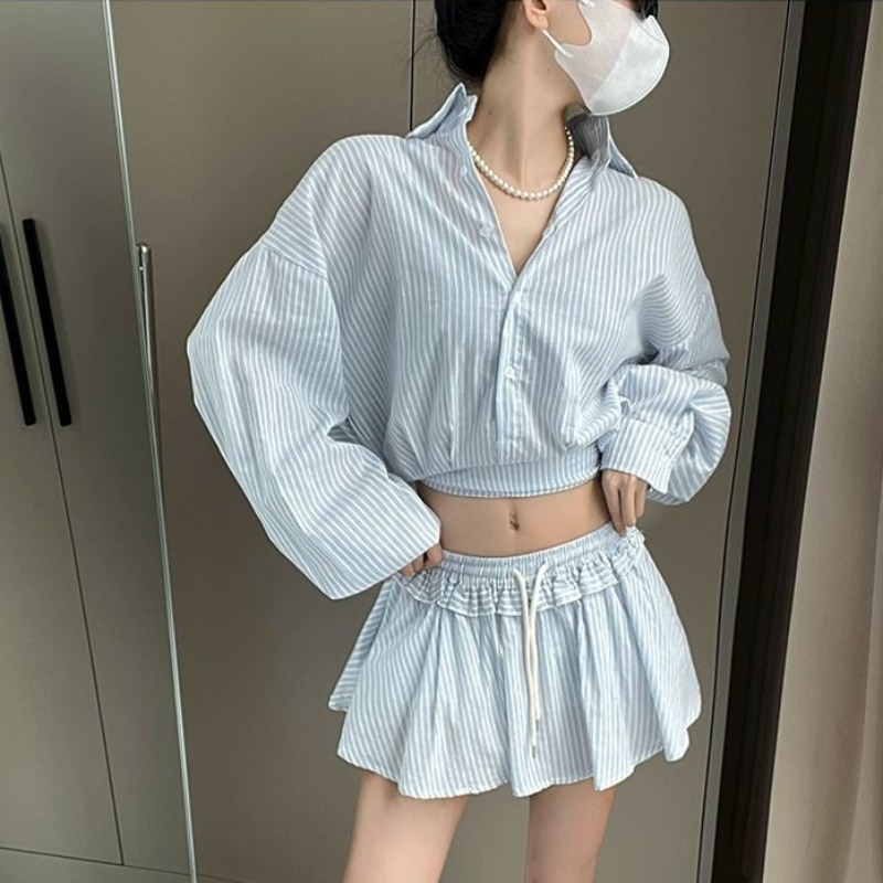 FA34210# 时尚短款衬衫半裙套装女春季新款独特别致小个子两件套 服裝批發女裝批發服飾貨源
