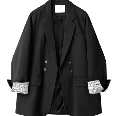 批发黑色<b class='q'>蕾丝</b>袖口西装外套女双排扣宽松休闲复古小西服上衣