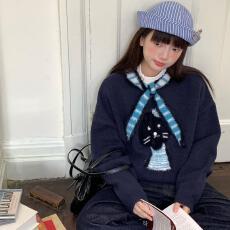 批发藏青色黑猫条纹装饰毛衣女复古小众宽松圆领长袖上衣