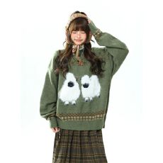 批发秋冬新款军绿色小羊图案保暖毛衣女复古小众宽松针织上衣