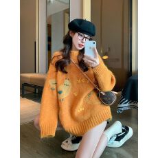 批发秋冬新款橙色抽象动物图案保暖毛衣女复古小众宽松针织上衣