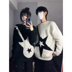 批发秋冬新款黑白吉他星星图案保暖毛绒毛衣双色款复古小众宽松上衣