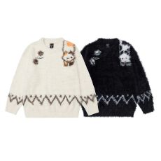 批发米白黑色猫咪几何花纹毛绒毛衣女复古小众宽松针织上衣