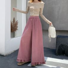 批发粉色灯芯绒高腰阔腿长裤荷叶边女复古小众宽松显瘦