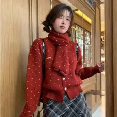 批发红色星星点开衫毛衣围巾<b class='q'>套装</b>女复古小众字母装饰宽松针织上衣
