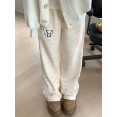 批发浅粉白渐变纹理熊猫刺绣彩色爱心纽扣宽松阔腿<b class='q'>甜美</b>女款休闲长裤