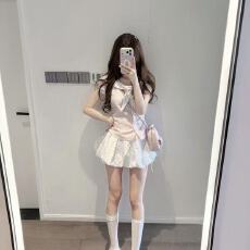 批发夏季甜美穿搭套<b class='q'>装</b>粉色设计感短袖<b class='q'>衬衫</b>波点蝴蝶结显瘦花苞裙两件套
