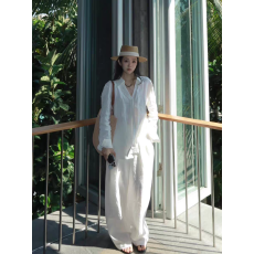 批发法式复古老钱风亚麻衬衫女<b class='q'>夏季</b>外穿薄款宽松长袖防晒衬衣外套上衣