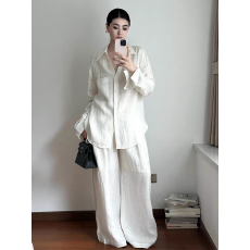 批发法式白色V领亚麻衬衫女<b class='q'>夏季</b>薄款宽松老钱风高端棉麻衬衣防晒上衣