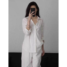 批发法式白色V领亚麻衬衫女<b class='q'>夏季</b>薄款宽松老钱风高端棉麻衬衣防晒上衣