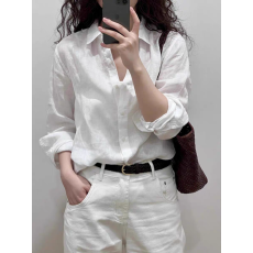 批发法式白色V领亚麻衬衫女<b class='q'>夏季</b>薄款宽松老钱风高端棉麻衬衣防晒上衣