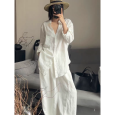 批发法式白色V领亚麻衬衫女<b class='q'>夏季</b>薄款宽松老钱风高端棉麻衬衣防晒上衣