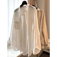 批发白色翻领<b class='q'>防晒衫</b>女<b class='q'>夏季</b>薄款慵懒风休闲长袖天丝亚麻衬衣宽松小衫潮