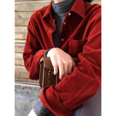 批发秋冬新款法式复古红色休闲宽松灯芯绒加厚衬衫外套女叠穿内搭上衣
