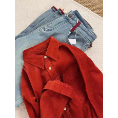 批发法式复古风桔红色灯芯绒衬衫女2026早<b class='q'>春</b>爆款气质显白长袖开衫上衣