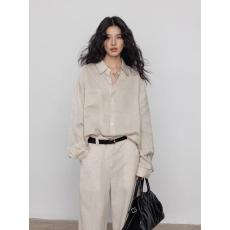 批发法式老钱风原麻色亚麻衬衫女春秋气质慵懒棉麻衬衣轻奢高级感上衣