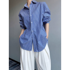 批发法式高端小资蓝色条纹<b class='q'>长袖</b>衬衫女2026春减龄洋气衬衣气质通勤上衣