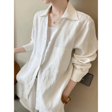 批发法式复古老钱风亚麻衬衫女夏季外穿薄款宽松长袖防晒衬衣外套上衣