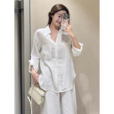 批发法式复古老钱风亚麻衬衫女夏季外穿薄款宽松长袖防晒衬衣外套上衣