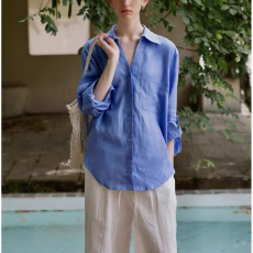 批发法式简约V领棉麻长袖防晒衬衫女春夏季松弛感开衫透气老钱风衬衣