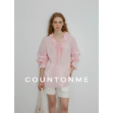 批发法式浪漫/慵懒自在100%<b class='q'>亚麻</b>手工木耳边V领绑带衬衫