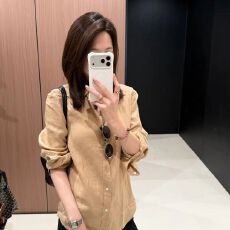 批发韩系休闲显瘦百搭通勤风宽松长袖<b class='q'>衬衫</b>女polo领卡其色纽扣气质上衣