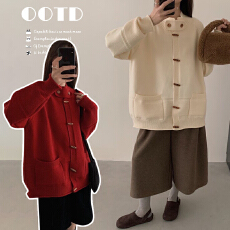 批发孕妇秋冬2025设计感圆领围扣毛衣外套大码慵懒风上衣