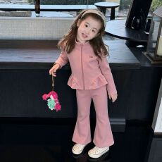 批发童装女童套装2026秋款女孩韩系甜美立领荷叶边收腰拉链外套微喇裤