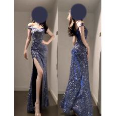 批发小可wiwi蓝色闪闪连衣裙走秀生日宴会毕业成人礼礼服性感开叉<b class='q'>长裙</b>