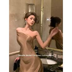 批发法式<b class='q'>连衣裙</b>高级感party<b class='q'>小礼服</b>斜肩缎面生日裙子性感露背包臀长裙