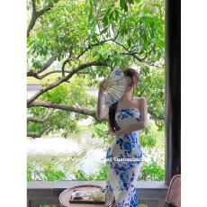 批发改良旗袍女新中式<b class='q'>连衣裙</b>高级感<b class='q'>青花瓷</b>印花性感纯欲收腰抹胸包臀裙