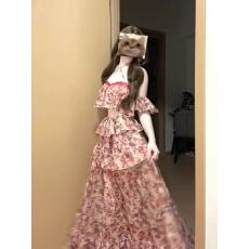 批发夏季新亮两件套装独特绝美夏日穿搭碎花挂脖上衣蛋糕长裙一整套