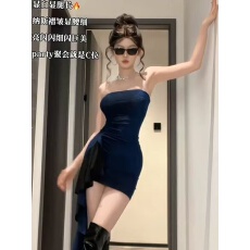 批发可wiwi<b class='q'>欧美</b>辣妹风蓝色闪闪抹胸连衣裙女气质显瘦性感包臀短裙子