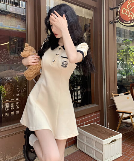 여름 새로운 디자인 센스 패션 POLO 칼라 반팔 여성 드레스 몸매 가꾸기 슬림해 보이는 a 어린이 치마 그는 벤 바람 미니 스커트