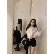 批发纯欲风套装女重工镶钻荷叶领长袖衬衫女秋季收腰显瘦衬衣黑色短裤