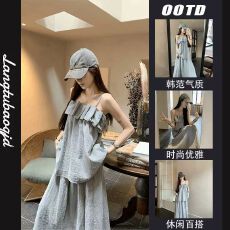 批发纯色套装时尚套装高级感灰色吊带背心女夏季气质高腰半身裙<b class='q'>两件套</b>