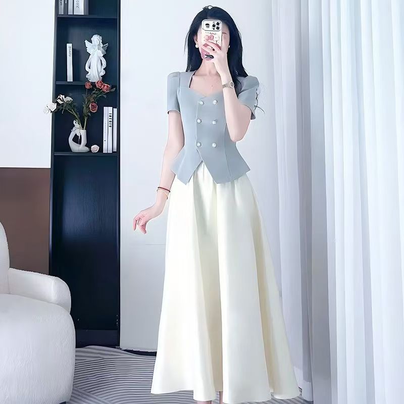 FA36990# 两件套装夏季新品洋气时尚轻奢微胖显瘦百搭短袖上衣+半身裙 服裝批發女裝批發服飾貨源
