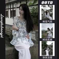 批发新款印花百搭女2025<b class='q'>秋</b>季文艺复古圆领系带长袖衬衣休闲慵懒感衬衣
