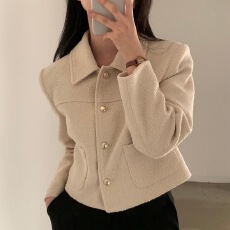 批发现 韩国ins 复古气质纯色<b class='q'>翻领</b>金属扣毛呢外套