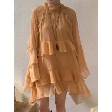 批发现 韩国ins 立领荷叶边防晒<b class='q'>长袖</b>连衣裙喇叭袖花边a字短裙