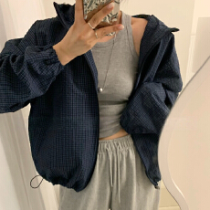 批发韩国chic 慵懒风宽松气质百搭拉链连帽式格子<b class='q'>衬衫</b>外套