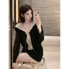 批发<b class='q'>蕾丝</b>仙女秋季新款小香风<b class='q'>蕾丝</b>连帽针织拉链外套+<b class='q'>蕾丝</b>半裙套装